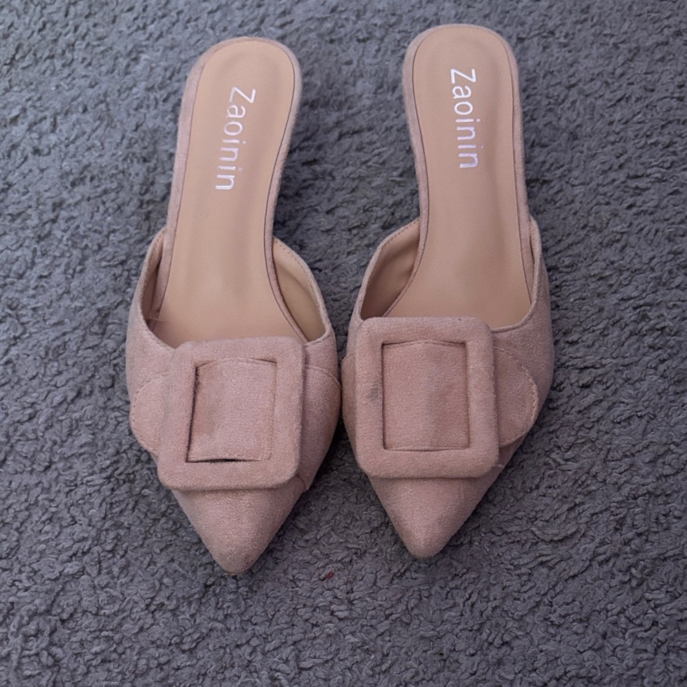 Women's Beige Buckle Mules